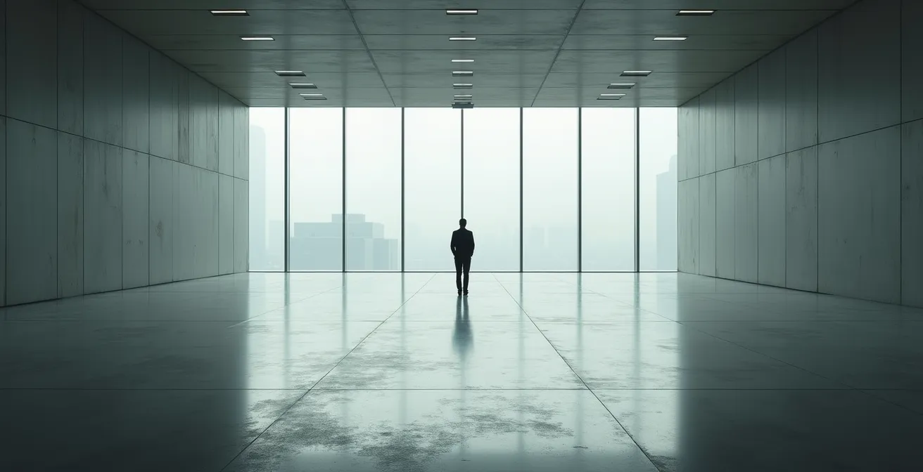 Dramatische Darstellung eines Börsencrashs, symbolisiert durch eine einzelne, isolierte Person in einer leeren Börsenhalle.