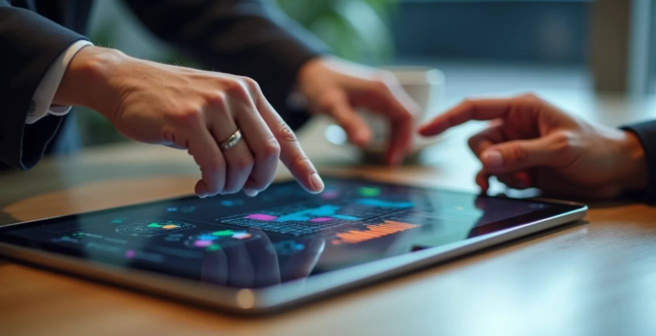 Nahaufnahme von Händen die auf Tablet-Daten zeigen während Besprechung