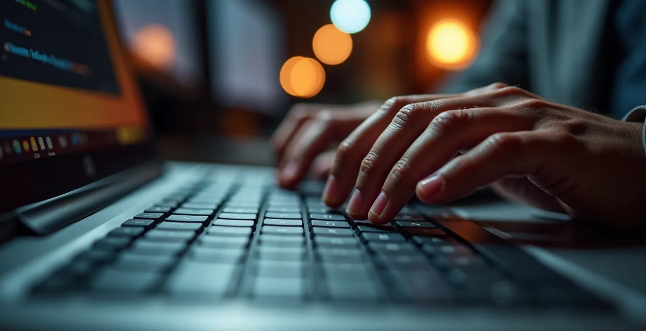 Nahaufnahme von Händen, die auf einer Tastatur tippen, symbolisiert die aktive und unmittelbare Interaktion eines Community Managers.