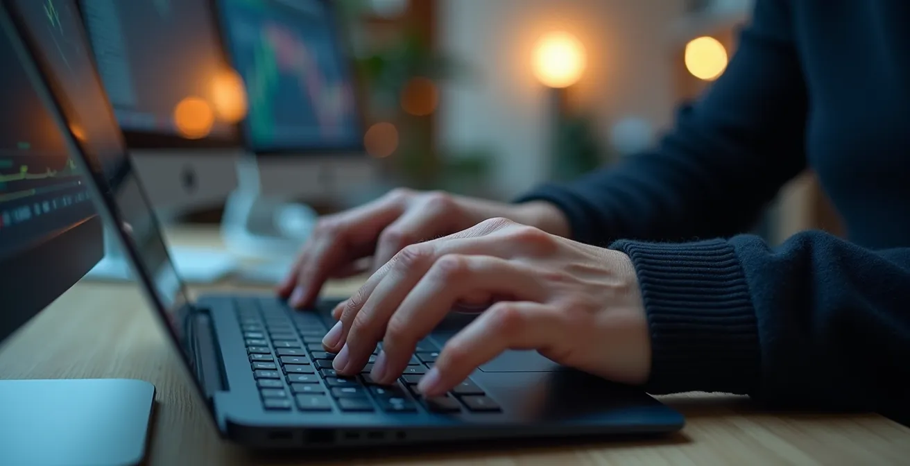 Nahaufnahme von Händen beim Programmieren einer Trading-Strategie mit verschwommenem Hintergrund
