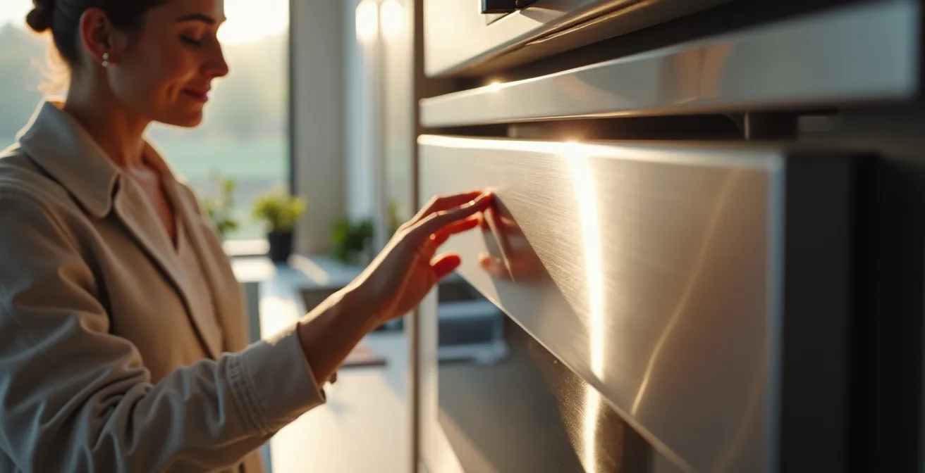 Hand berührt gebürsteten Edelstahl mit sichtbaren Reflexionen und Texturen im warmen Licht