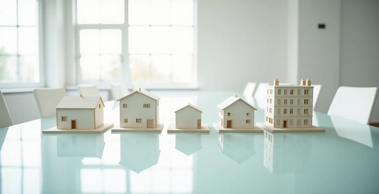 Entscheidungsmatrix mit verschiedenen Immobilienarten und Bewertungskriterien wie Risiko, Zeitaufwand und Eigenkapital.