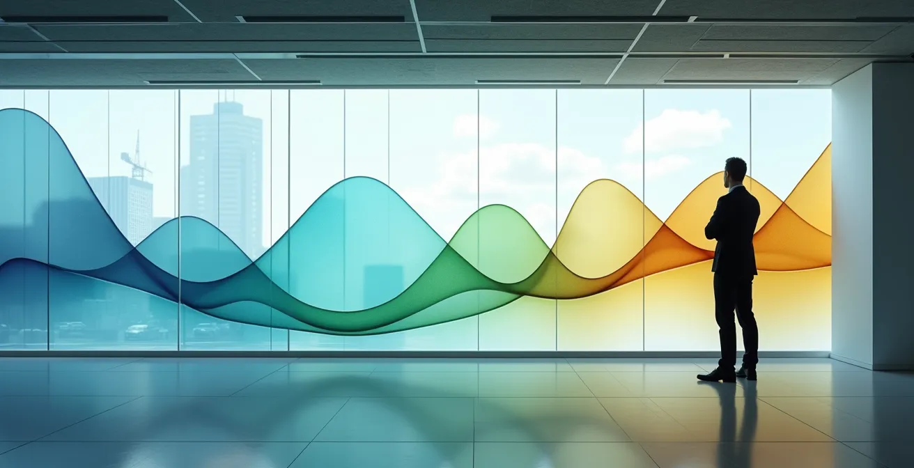 Wirtschaftsanalyst betrachtet abstrakte Darstellungen von Konjunkturzyklen auf großem Wandbildschirm