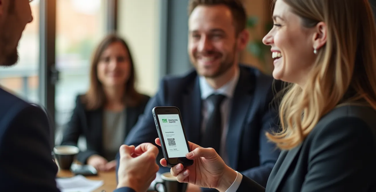 Zwei Personen auf einem deutschen Netzwerk-Event, die Visitenkarten austauschen und eine Verbindung zwischen offline und online herstellen.