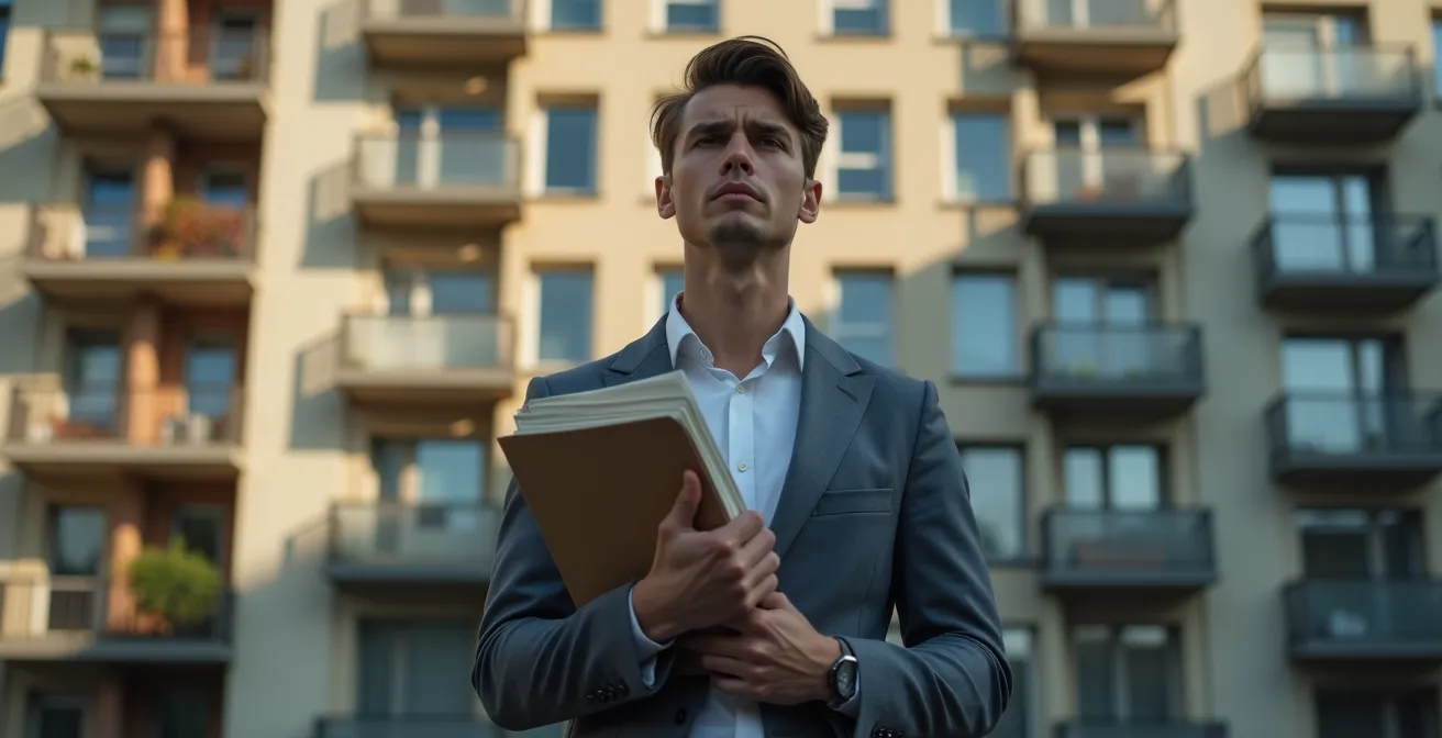 Ein überforderter Investor steht mit einem dicken Ordner vor einem großen Mehrfamilienhaus und blickt besorgt.