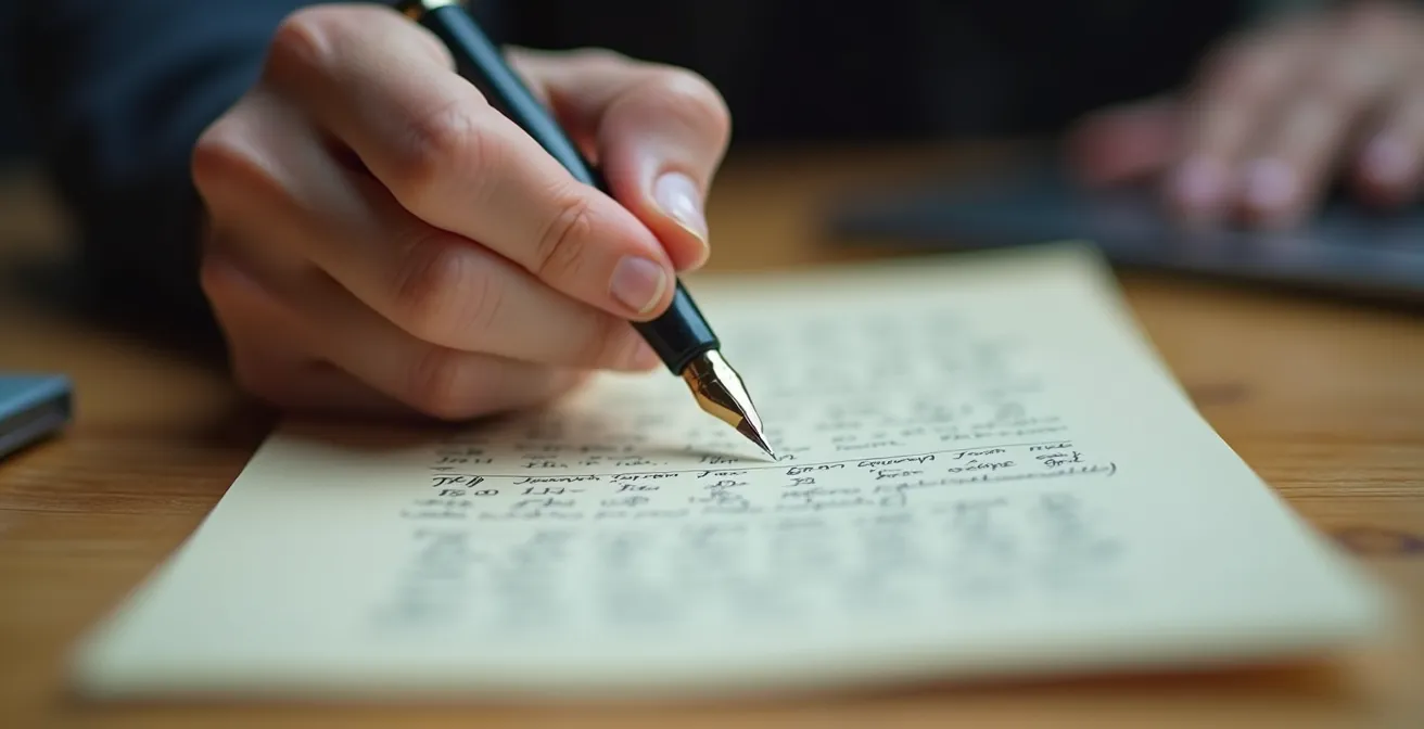 Nahaufnahme von Händen beim kreativen Schreibprozess mit natürlichen Texturen