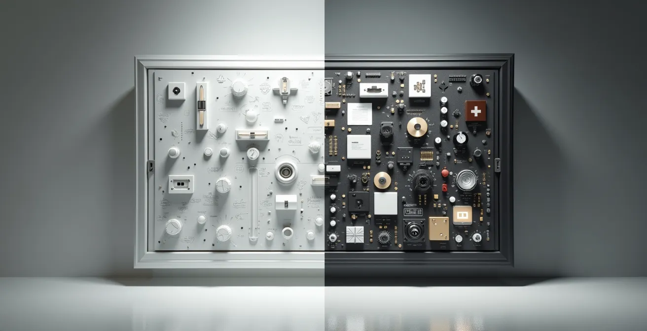 Geteilte Komposition zeigt klares minimalistisches Design neben überladener chaotischer Gestaltung