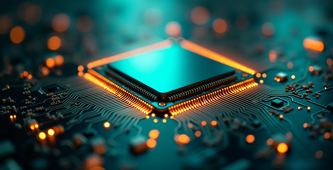 Makroaufnahme von Computerchip mit abstrakten Lichtreflexionen symbolisiert Überoptimierung