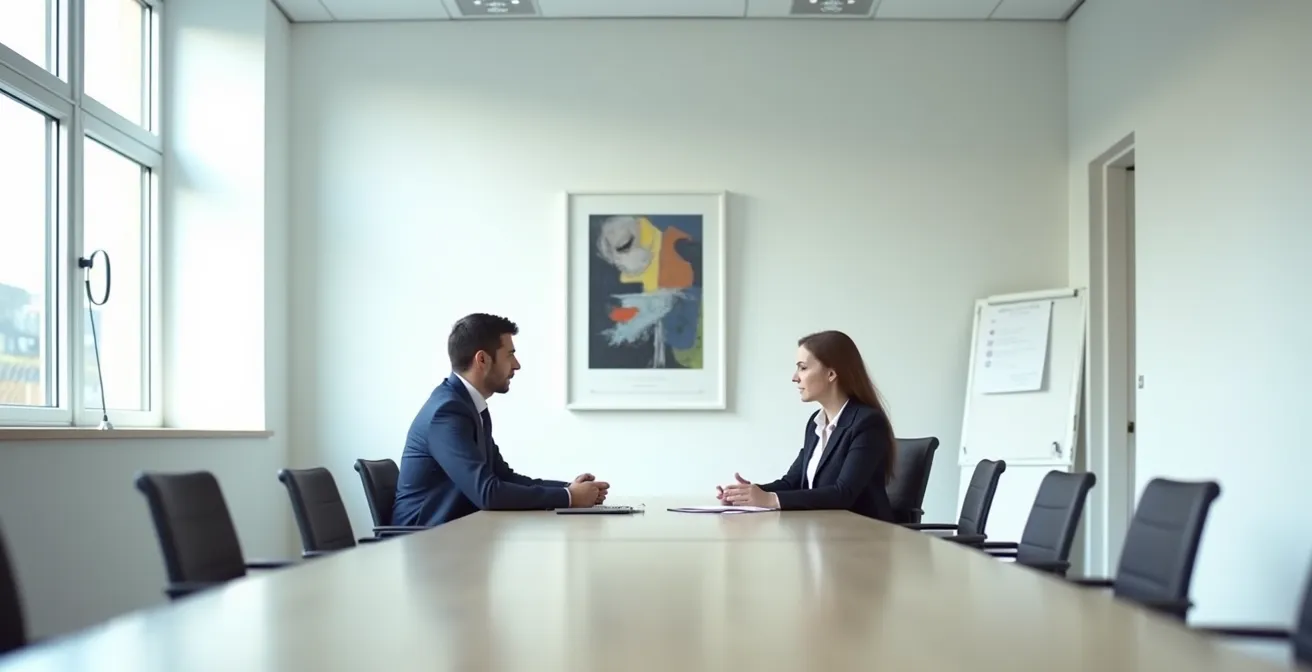 Weitwinkelaufnahme eines modernen deutschen Büroraums während Kundengespräch