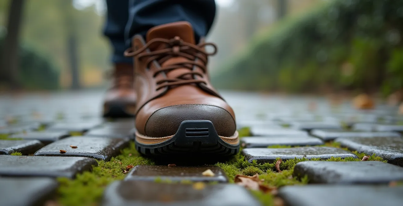 Visueller 4-Wochen-Plan mit progressiver Steigerung der täglichen Gehminuten, dargestellt durch Schuhe auf einem Weg.