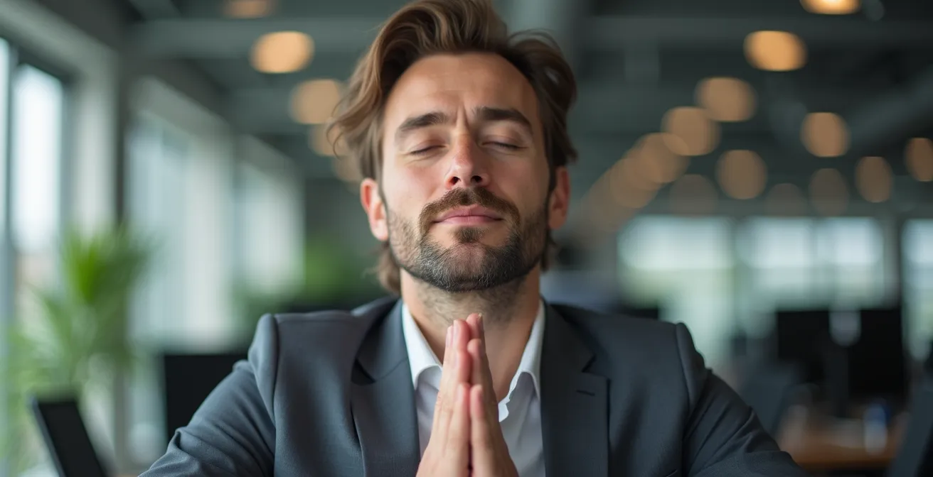 Geschäftsperson praktiziert diskrete Atemübung am modernen deutschen Schreibtisch