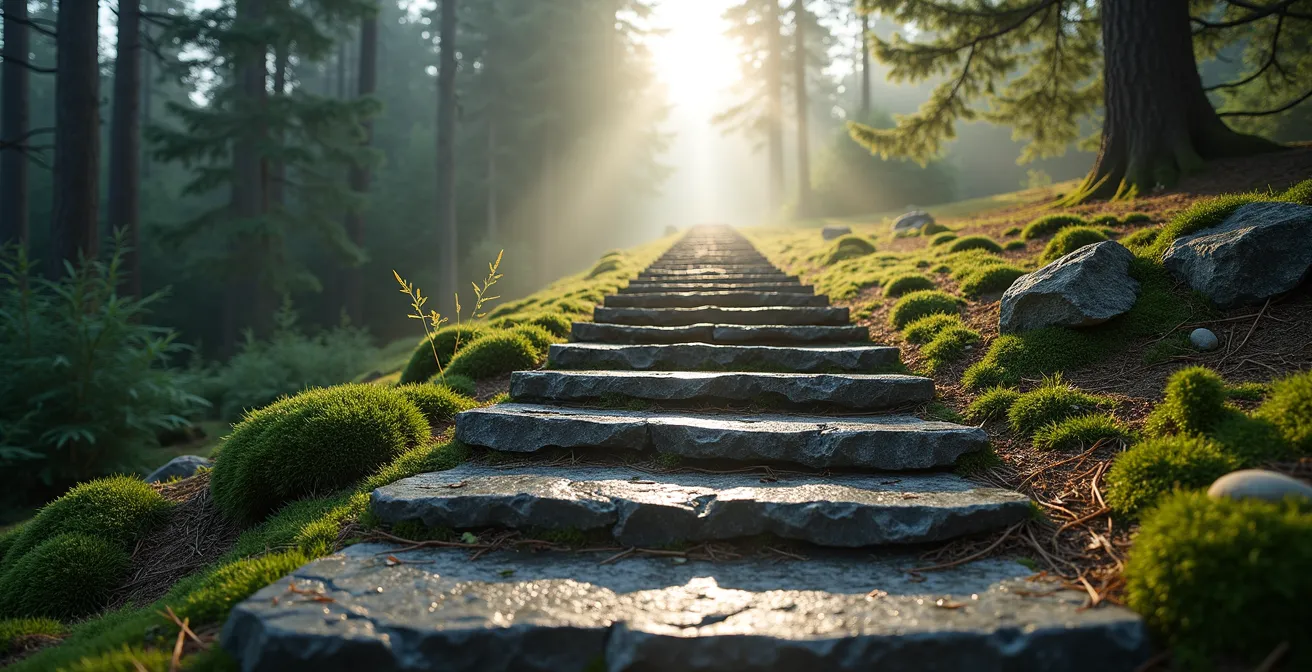 Visueller 8-Wochen-Fortschritt der emotionalen Entwicklung mit Meilensteinen in einer deutschen Waldlandschaft