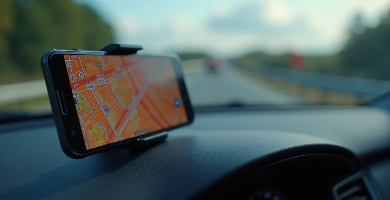 Smartphone-Halterung im Auto zeigt abstrakte Navigationsmuster, die die Kombination verschiedener Apps symbolisieren.