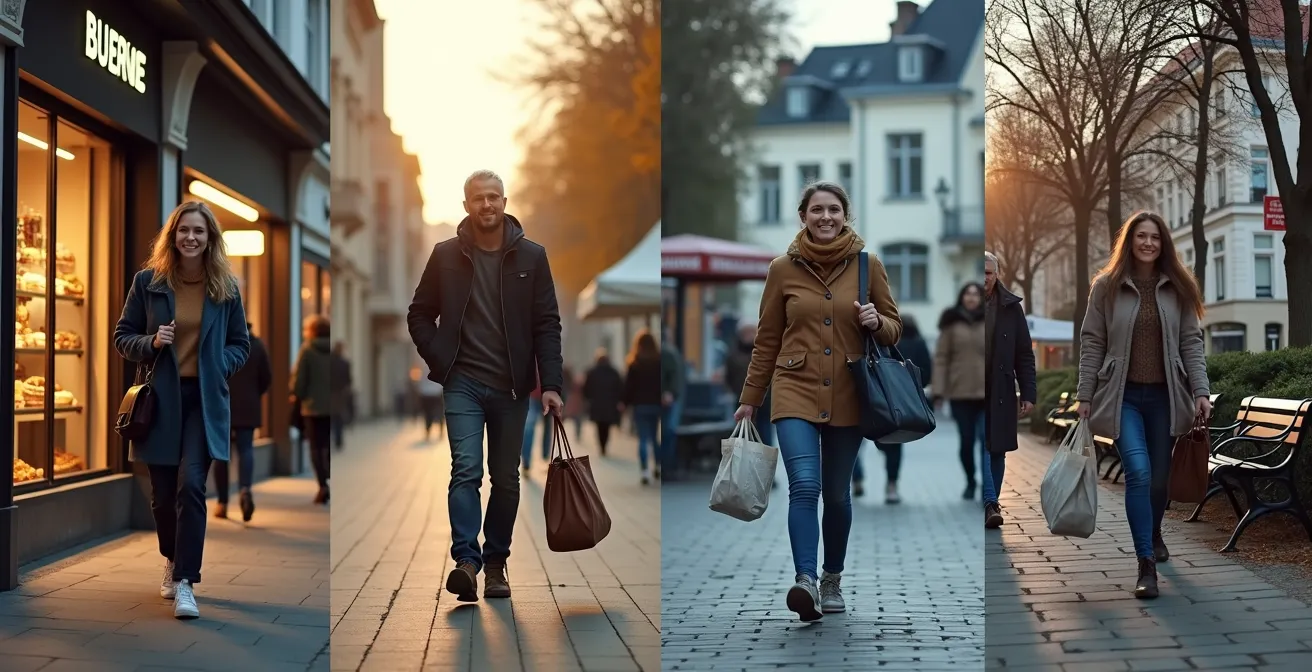 Collage typisch deutscher Alltagssituationen für mehr Bewegung wie der Gang zum Bäcker oder die Nutzung des ÖPNV.