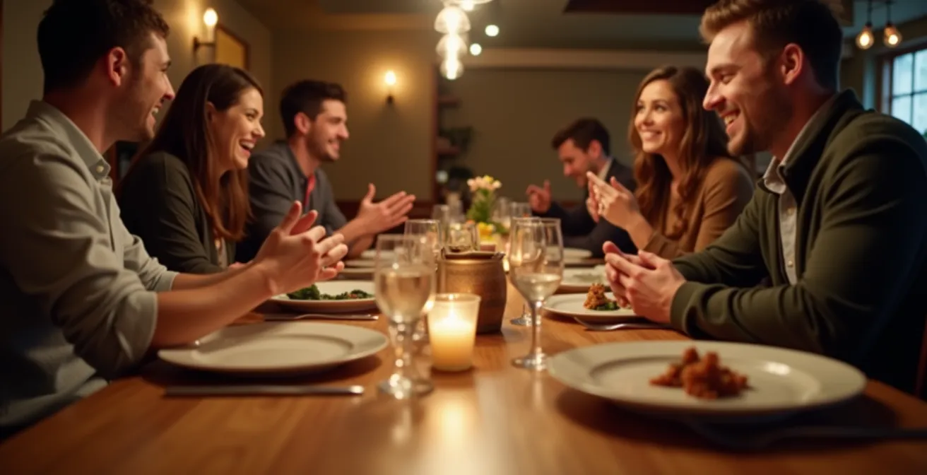 Gruppe von Menschen beim gemeinsamen Essen ohne Smartphones