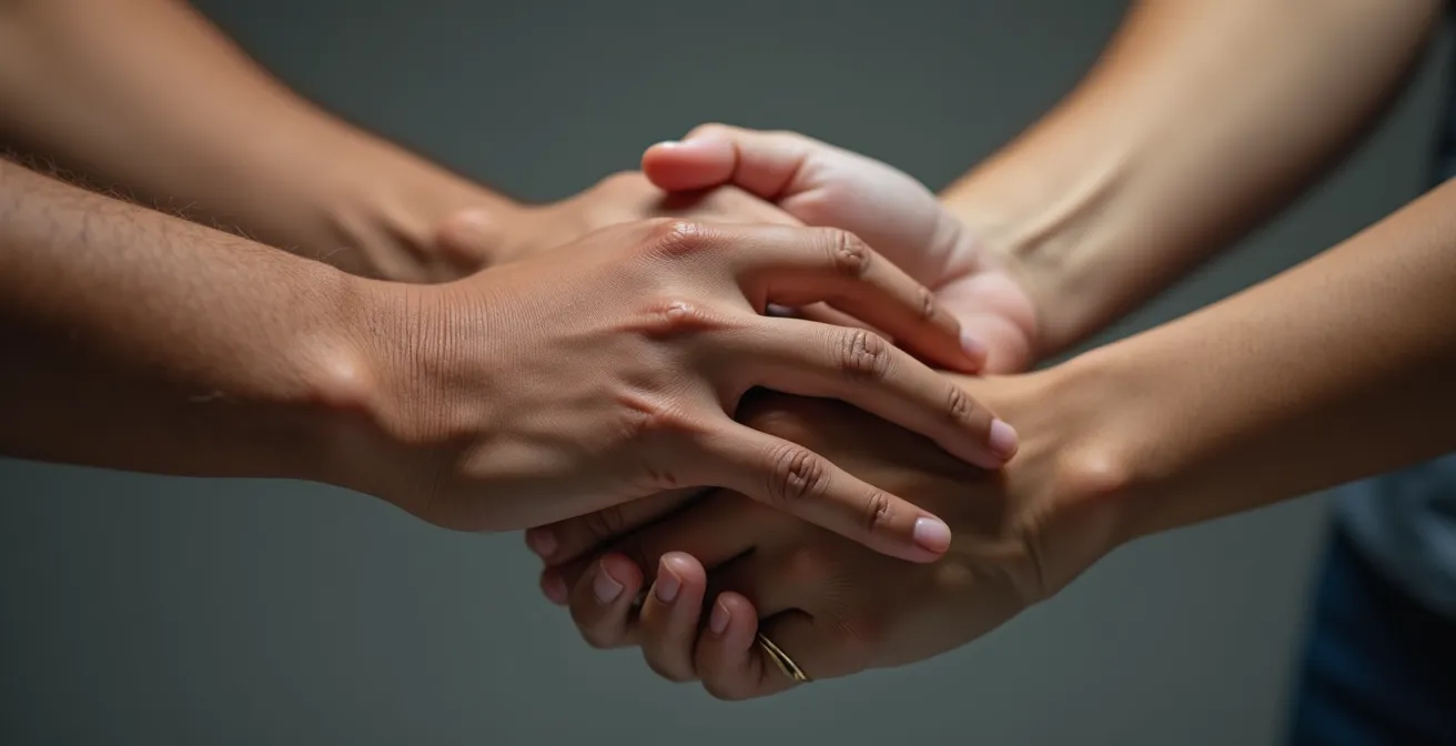 Makroaufnahme von verflochtenen Händen verschiedener Hauttöne in authentischer Geste