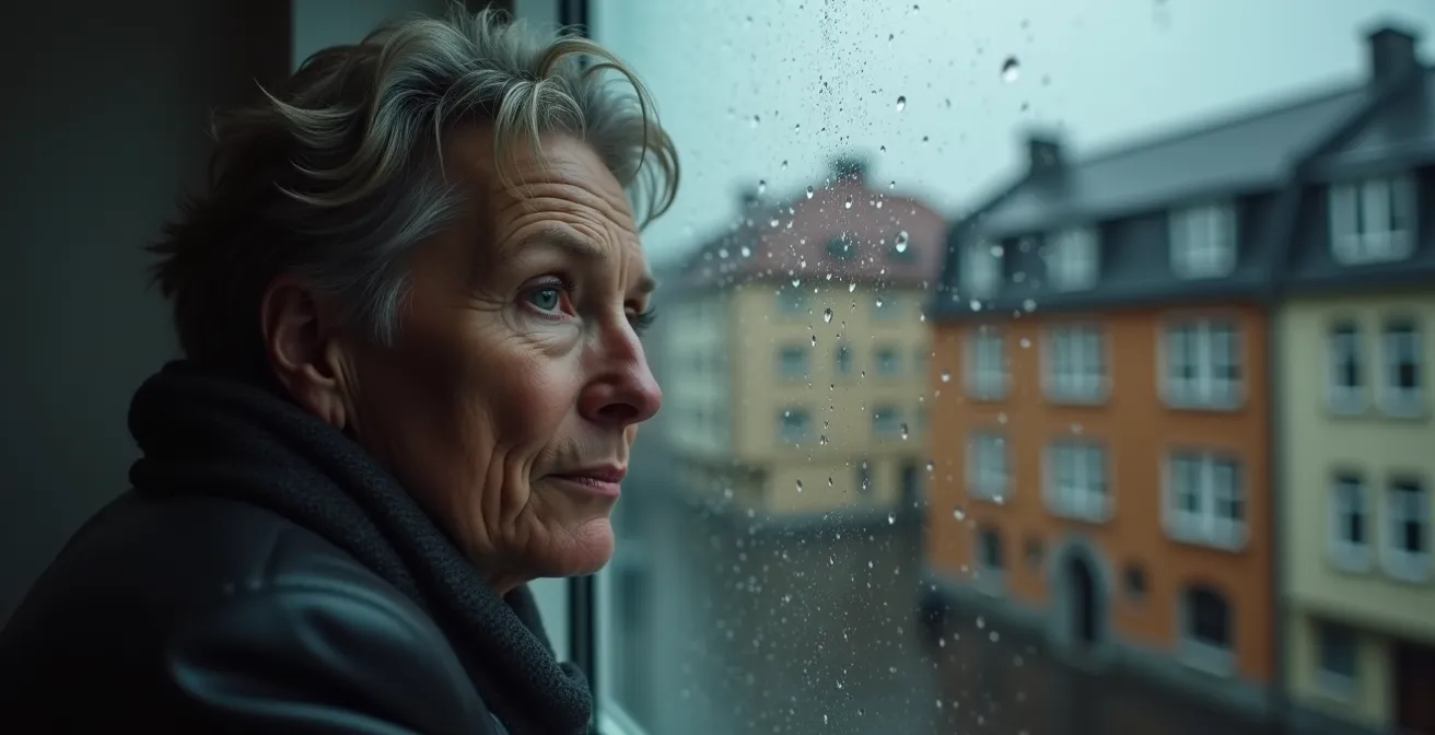 Einsame Person am Fenster mit verschwommener Stadt im Hintergrund