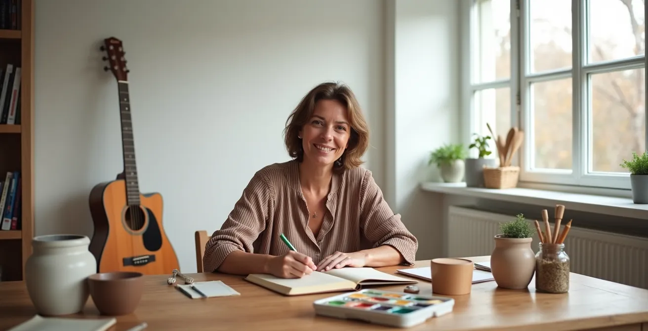 Frau notiert Erfahrungen in einem Tagebuch neben verschiedenen Hobby-Materialien