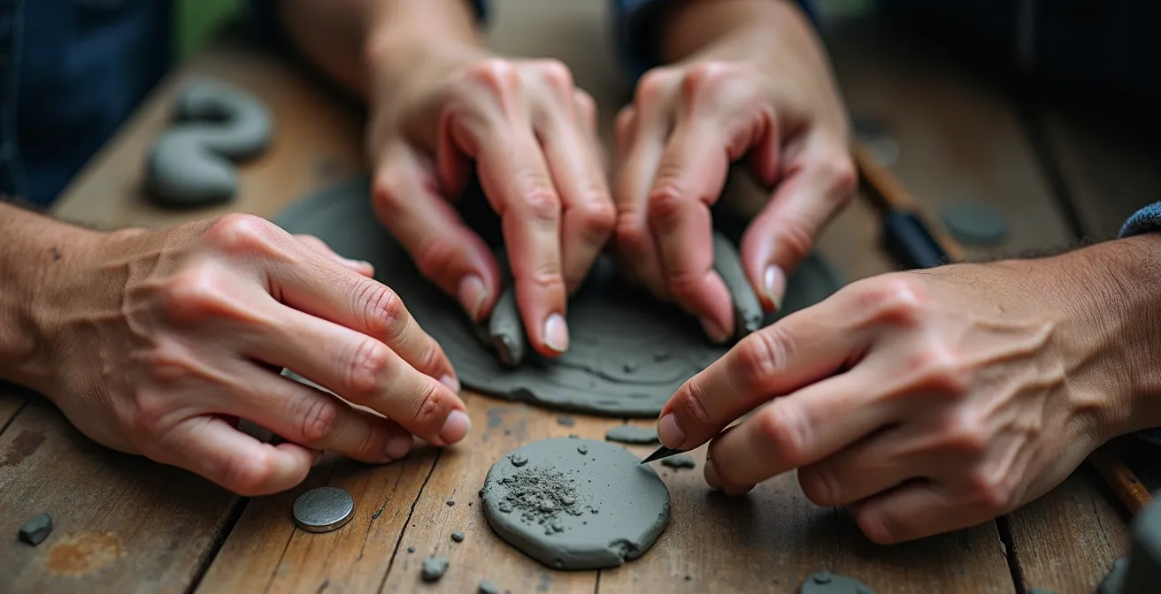 Makroaufnahme von Händen verschiedener Generationen bei kreativen Tätigkeiten