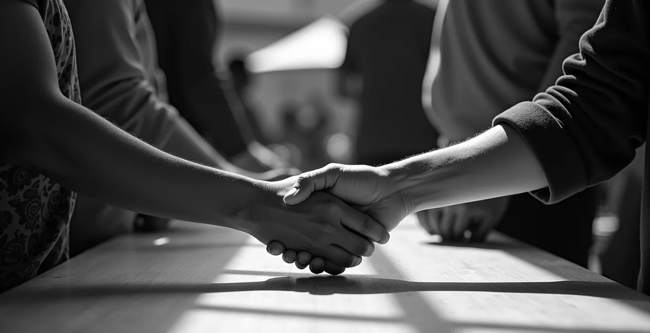Zwei Hände unterschiedlicher Hautfarben begegnen sich respektvoll bei einem Austausch über einem Tisch, was ethische Grenzen symbolisiert.