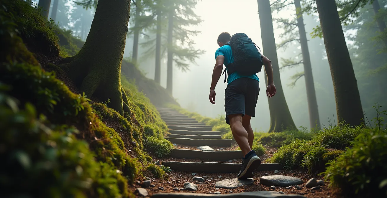 Eine Person wandert in einer deutschen Mittelgebirgslandschaft, was funktionale Fitness im Alltag symbolisiert.