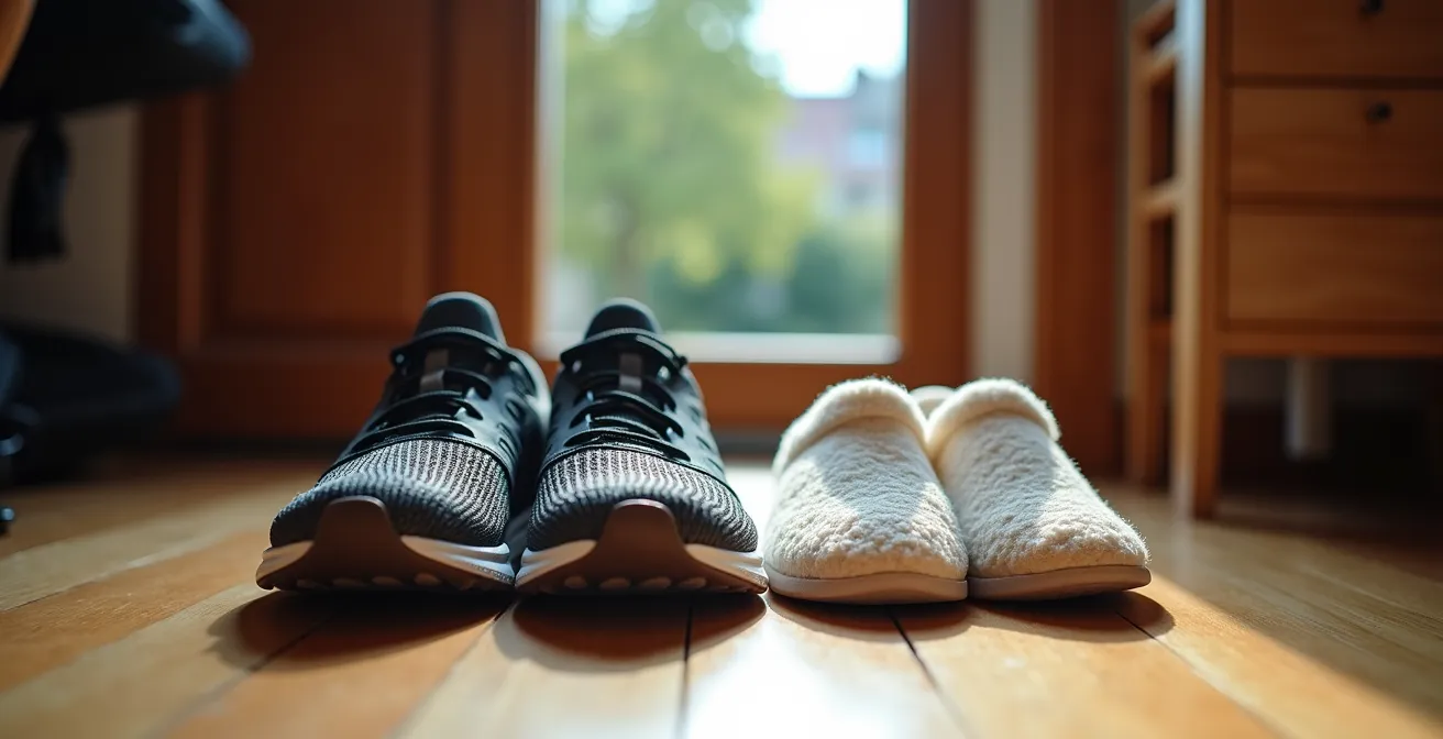 Makroaufnahme von Turnschuhen neben Hausschuhen an der Wohnungstür