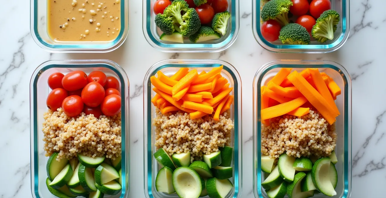 Visuelle Darstellung der 5 Schritte zum intuitiven Ernährungsplan mit vorbereiteten Komponenten