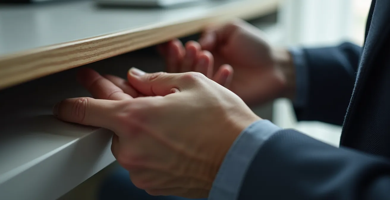 Nahaufnahme von Händen unter dem Schreibtisch in isometrischer Anspannung