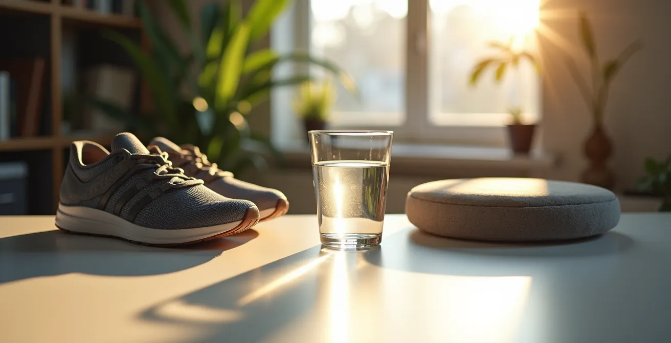 Drei symbolische Objekte für Kern-Gewohnheiten auf einem Schreibtisch: ein Glas Wasser, Laufschuhe und ein Meditationskissen.