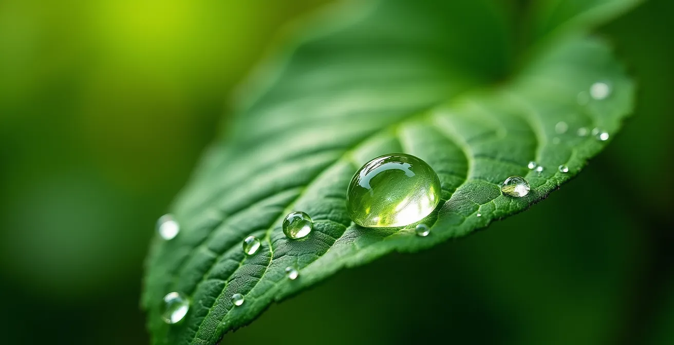 Makroaufnahme von Wassertropfen auf Blatt als Symbol für achtsame Naturbetrachtung