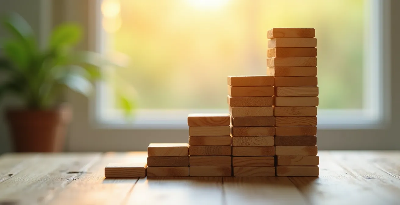 Makroaufnahme von gestapelten Holzbausteinen, die eine schrittweise aufbaubare, modulare Routine symbolisieren.