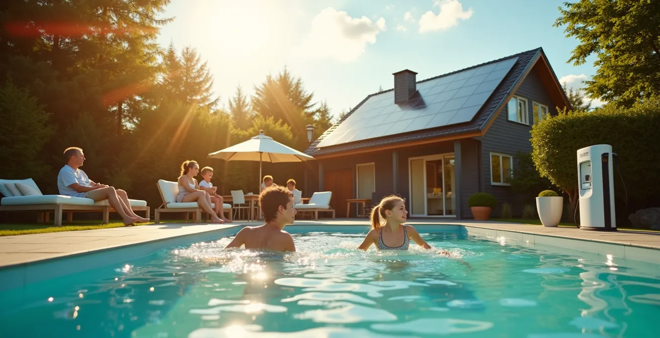 Familie genießt Poolzeit im sonnigen Garten mit Solaranlage