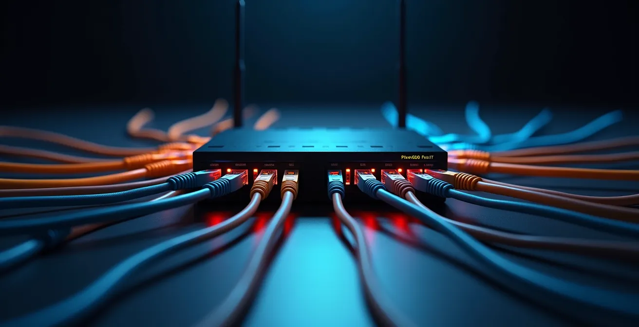 Symbolische Darstellung von getrennten Netzwerkzonen durch physische Router-Hardware