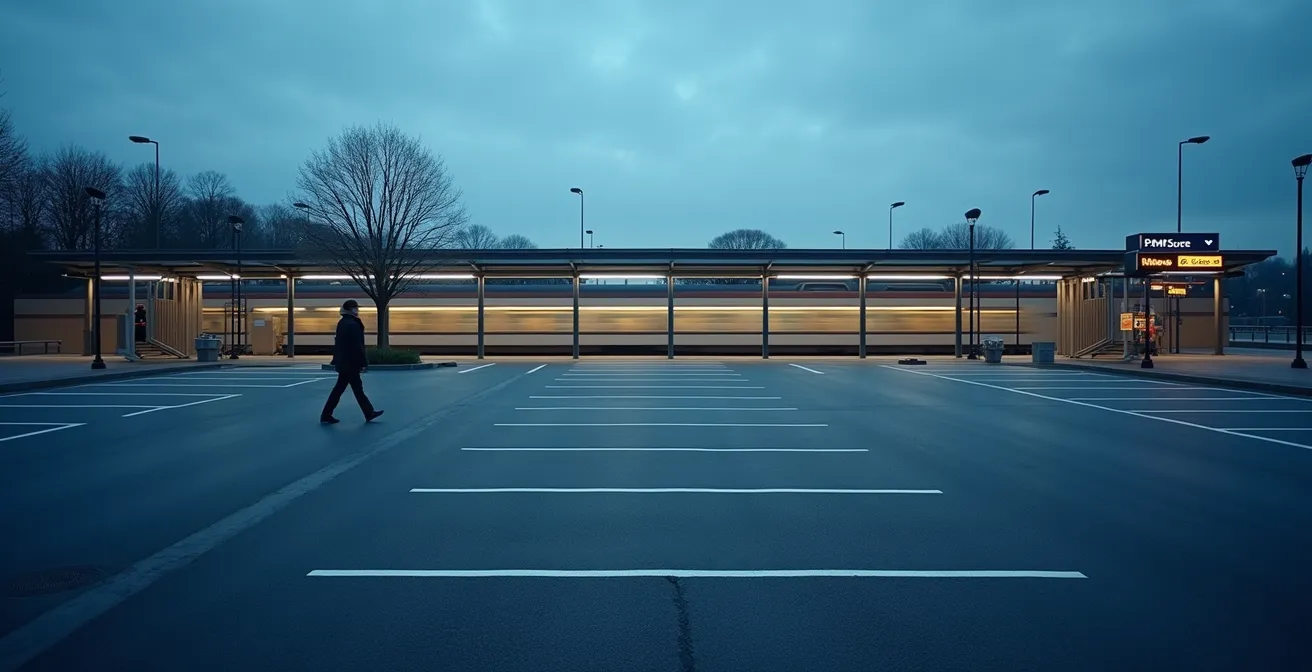 Ein moderner Park-and-Ride-Parkplatz in der Dämmerung, im Hintergrund fährt eine S-Bahn als Lichtstreifen vorbei, Symbol für die Kombination von Auto und Bahn.