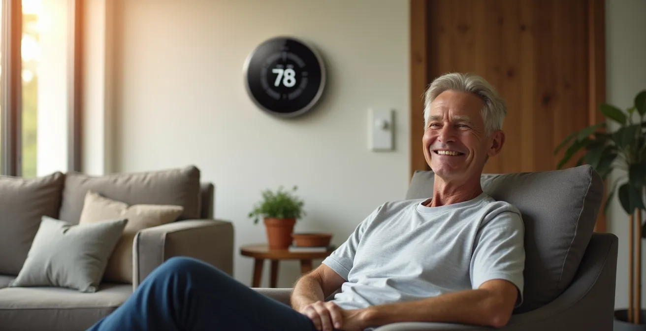 Person sitzt entspannt in modernem Wohnzimmer während intelligente Geräte im Hintergrund arbeiten