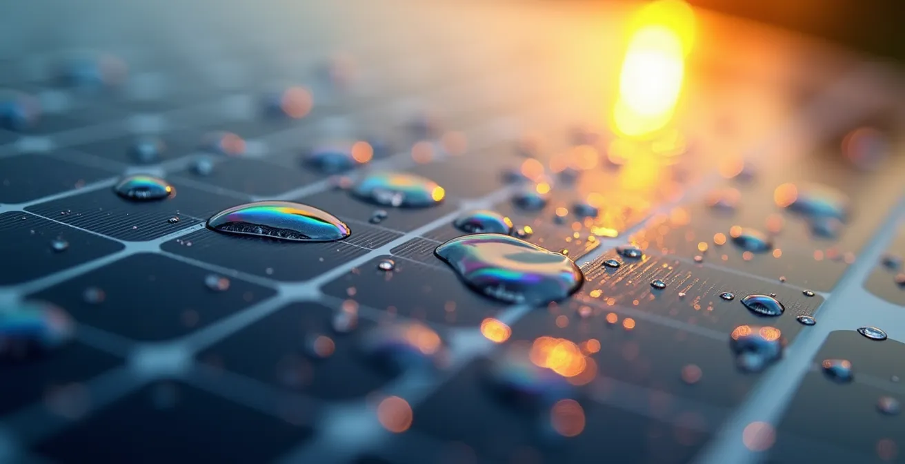 Detailaufnahme von Solarpanelen mit Wassertropfen im Makro