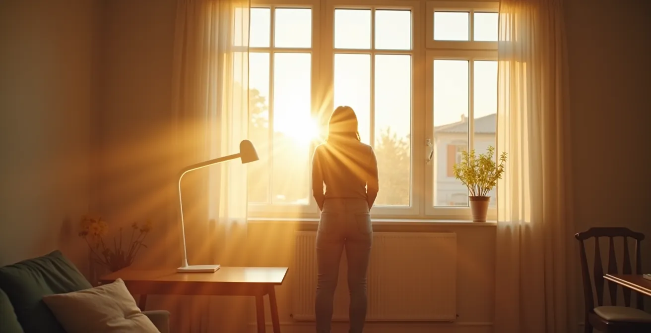 Person am Fenster mit Morgenlicht und Tageslichtlampe im deutschen Winter