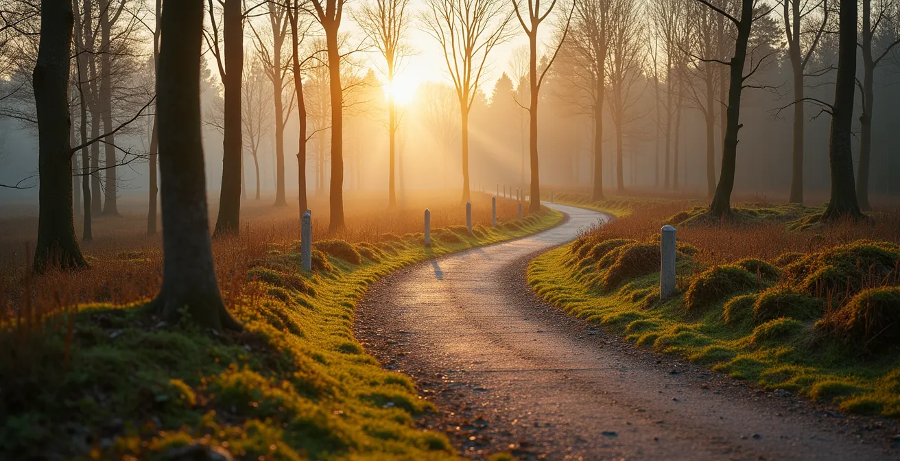 Zeitstrahl eines 6-Monats-Präventionsplans mit monatlichen Meilensteinen in einer deutschen Waldlandschaft
