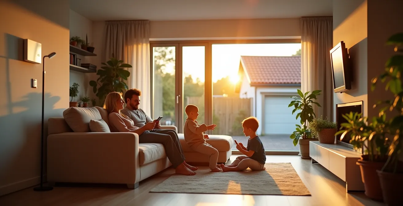 Modernes deutsches Wohnzimmer mit dezenter Smart-Home-Technologie