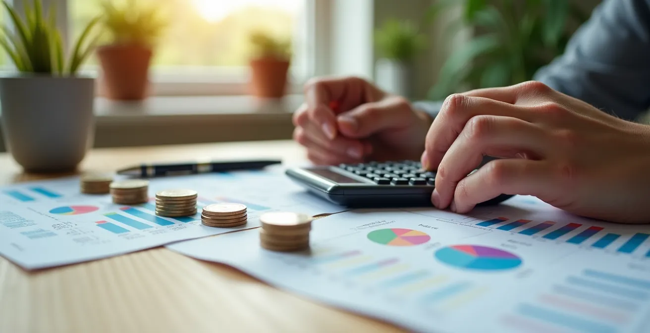 Nahaufnahme von Händen mit Taschenrechner und Sparplan-Dokumenten