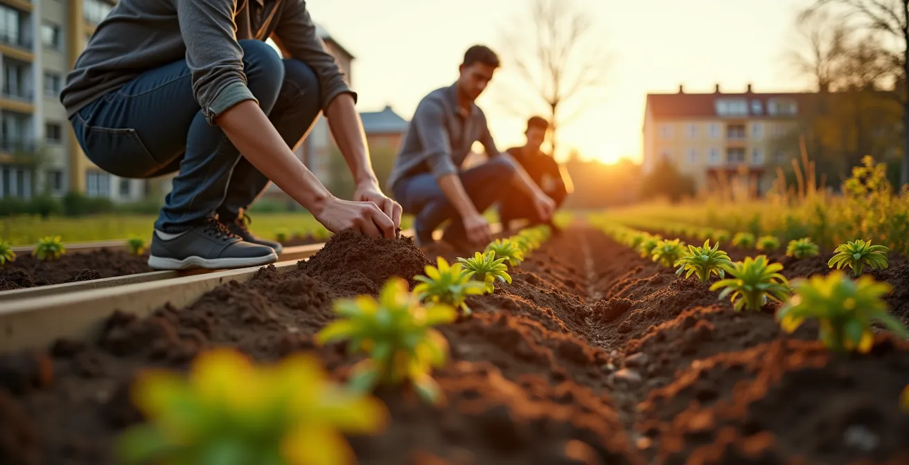 Menschen verschiedener Kulturen arbeiten gemeinsam in einem Gemeinschaftsgarten