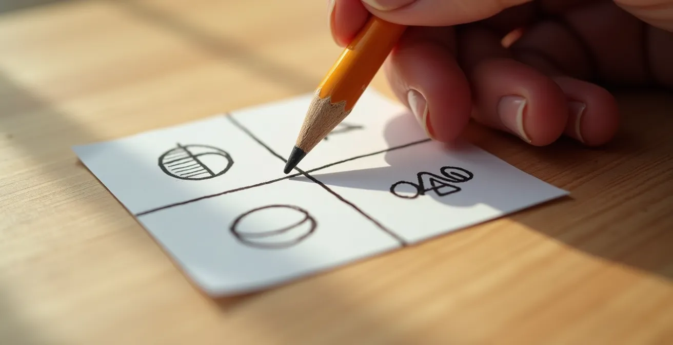 Nahaufnahme einer Hand die eine Matrix auf einem Holztisch zeichnet mit verschwommenem Hintergrund