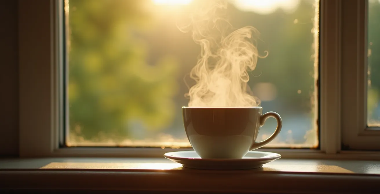 Dampfende Teetasse vor einem Fenster mit Blick auf grüne Natur