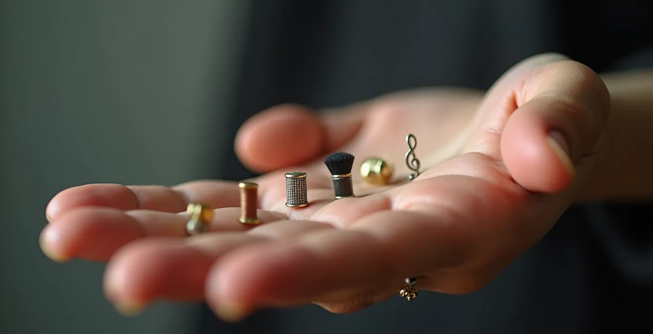 Makroaufnahme einer Hand mit verschiedenen Hobby-Gegenständen, die Überforderung symbolisiert