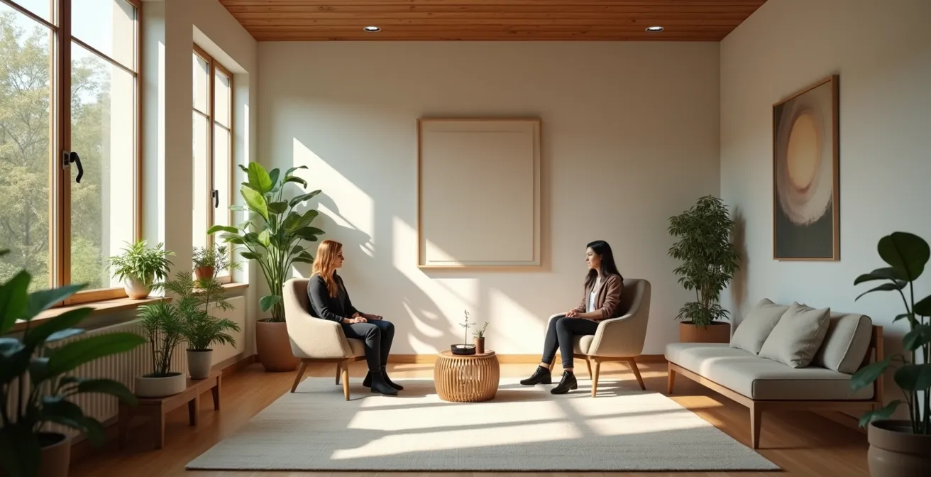 Professionelles Beratungsgespräch zwischen Therapeut und Patient in ruhiger deutscher Praxisumgebung