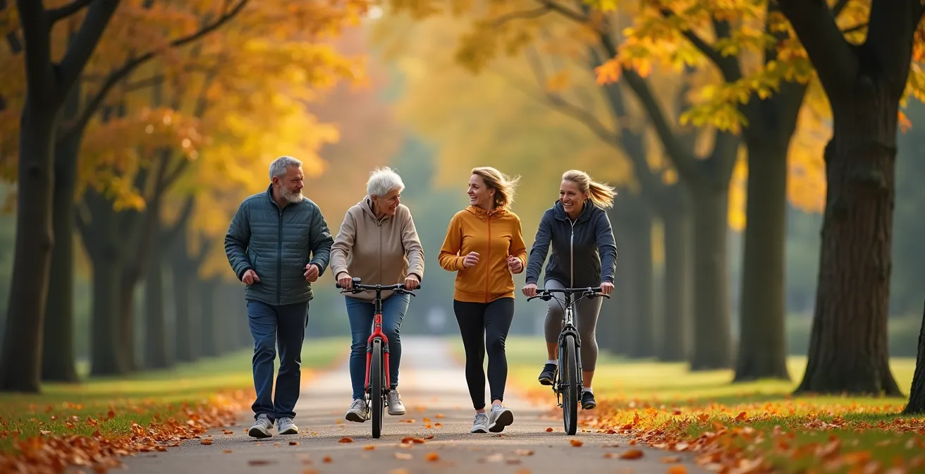 Drei Generationen einer deutschen Familie genießen einen aktiven Lebensstil in einem Park und symbolisieren die Vorsorge in verschiedenen Lebensphasen.