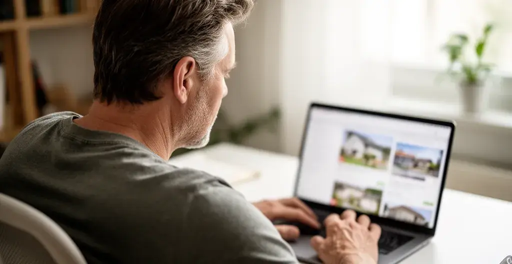 Person recherchiert Immobilienmakler-Vergleich am Laptop im Home Office